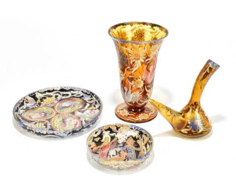 ROYO; four pieces of enamel decorated glassware including a trumpet vase, two dishes and a carafe, each with stylised detail 