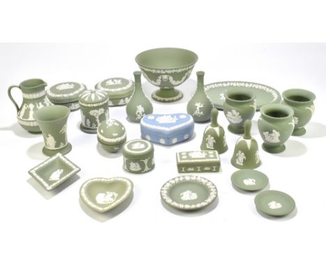 WEDGWOOD; a collection of green jasperware including a pedestal bowl, a jug, a pair of vases, an oval dish, also a blue jaspe
