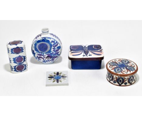 ROYAL COPENHAGEN FAIENCEWARE; five pieces including a moon flask, height 14cm, two lidded trinket boxes, a vase and cover and