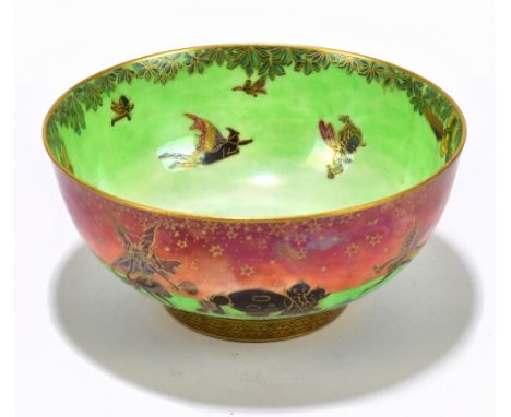 DAISY MAKEIG-JONES FOR WEDGWOOD; a footed bowl decorated in the 'Leapfrogging Elves' pattern, height 6cm, diameter 13cm.Addit