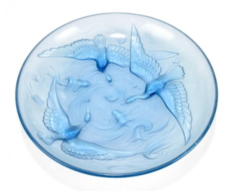 VERLYS; a French Art Deco blue frosted glass bowl embossed with stylised herons and fish, embossed signature, diameter 34.5cm