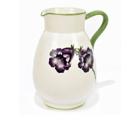 WEMYSS WARE; an unusual jug of bulbous form painted with purple floral detail below a green rim and handle, impressed marks, 