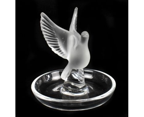 LALIQUE FRANCE; a 'Thalie' pattern frosted glass ring tree/dish, modelled as a dove, engraved signature, height 10cm.Addition