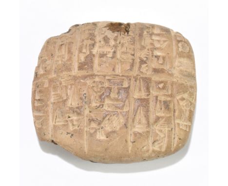 An Akkadian Period cuneiform clay tablet, inscribed with sixteen lines of Sumerian in two columns on the obverse and on on th