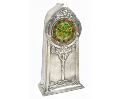 DAVID VEASEY FOR LIBERTY & CO; a large Tudric pewter 'Tree of Life' enamel decorated mantel clock, circa 1903, no.0150, with 