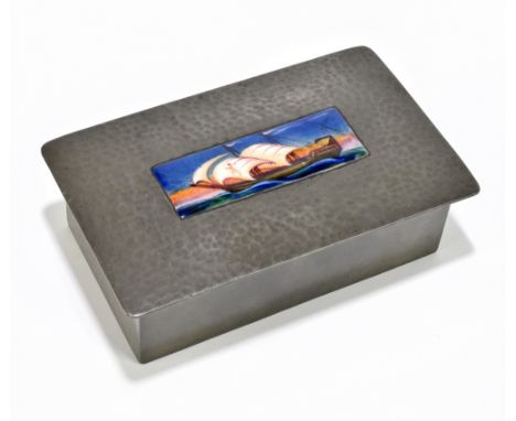 LIBERTY & CO; a pewter and enamelled rectangular trinket box, no.0125, the hinged lid with an enamelled plaque of a masted ga