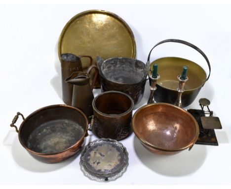 A quantity of metalware including a brass preserve pan, brass tray, embossed copper bucket, pair of plated candlesticks, smal