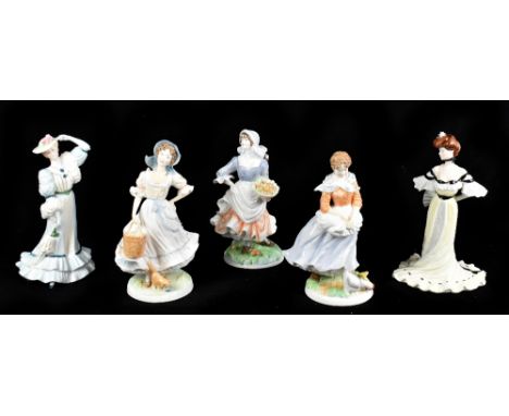 ROYAL WORCESTER; three ceramic figures comprising ‘Rosie Picking Apples’ height 20cm, ‘The Milkmaid’ and a ‘Farmers Wife’ als