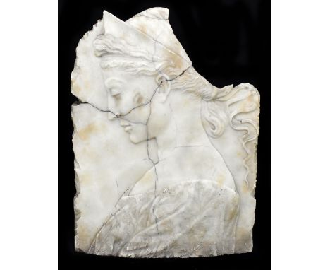 An interesting 19th century carved marble panel, believed to be St. Cecilia, with floral incised detail to her cloak, height 
