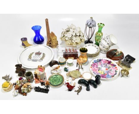 An assortment of ceramics and glassware including Aynsley tea cups and saucers, a Studio Pottery sculpture modelled with bird