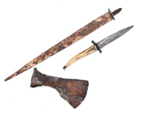 A perished sword blade, believed to be Viking, length of blade 47cm, a perished axe head, length 20cm, and a late 19th centur
