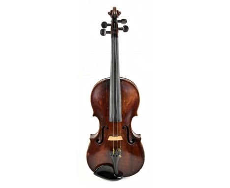 A full size English violin with one-piece back length 35.6cm, labelled 'John Barrett at ye harp and crown in Piccadilly Londo