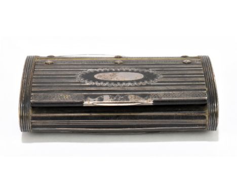 A Victorian lacquered snuff box of oval form with white metal inlaid decoration, width 9cm.Additional InformationLifting to t