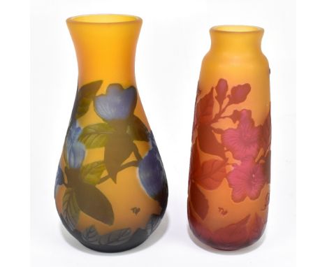 AFTER GALLE; two modern glass vases with floral decoration on an amber ground, height of largest example 18cm (2).Additional 