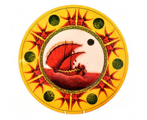 LYNGARD SIMPSON; contemporary ceramic wall charger with flambé highlighted detail to the centre of a masted ship, signed and 