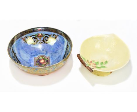 MALING; a lustre footed bowl decorated with fruit, diameter 26.5cm, together with a Carltonware leaf bowl (2).Additional Info
