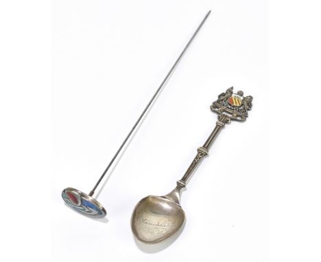 LIBERTY & CO; a silver and enamelled hat pin with oval terminal, length 15.5cm, and a Liberty & Co silver and enamelled Manch