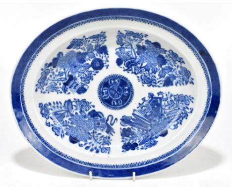 A Chinese Qianlong Period blue and white oval platter decorated in the 'Fitzhugh' pattern, length 32cm.Provenance: private co