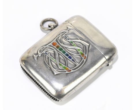 LIBERTY &amp; CO; an Edwardian hallmarked silver and enamel decorated vesta case of rounded rectangular form, Birmingham 1904