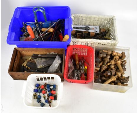 A quantity of luthiery tools and related items.