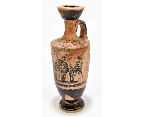 A Greek Attic Lekythos, decorated with painted and applied detail of figures and Greek key motifs, with original receipt from