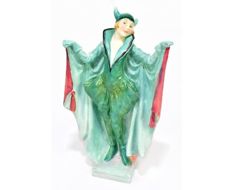 LESLIE HARRADINE FOR ROYAL DOULTON; a figure, HN1699 'Marietta' (green, pink and spotted cloak), very rare colourway, introdu