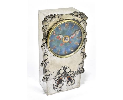 ARCHIBALD KNOX FOR LIBERTY & CO; a Tudric pewter and enamel decorated mantel clock, no.0608, with Arabic numerals to the blue