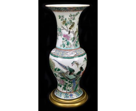 A 19th century Chinese Famille Verte vase, Guangxu mark and of the period, the body decorated with a pair of exotic birds amo