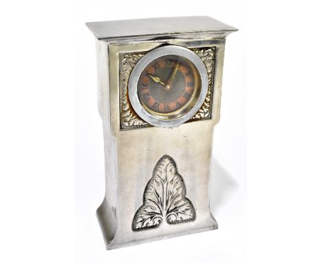 LIBERTY & CO; a pewter and copper mantel clock, no.01154, with Roman numerals to the chapter ring and with leaf decorated rec