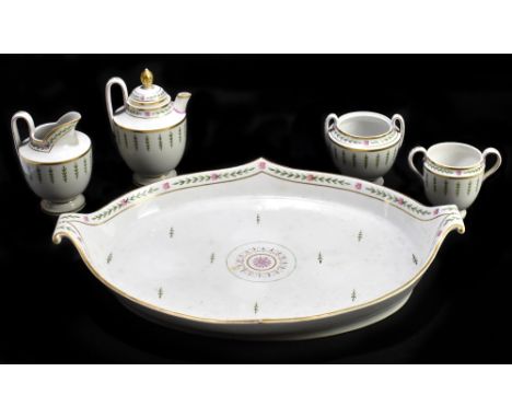 A 19th century Continental porcelain five piece cabaret set with hand painted floral decoration, width of tray 39cm.Additiona