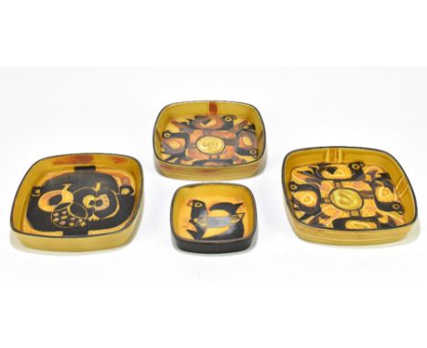 ROYAL COPENHAGEN FAIENCEWARE; four square bowls, three examples decorated with stylised birds, width of largest example 17cm 