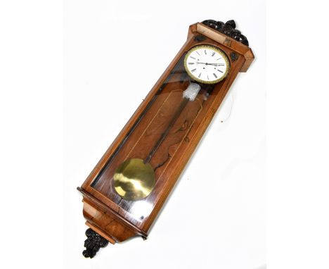 A 19th century Vienna style rosewood wall clock, with Roman numeral dial and movement striking on a gong, length 106cm.Additi