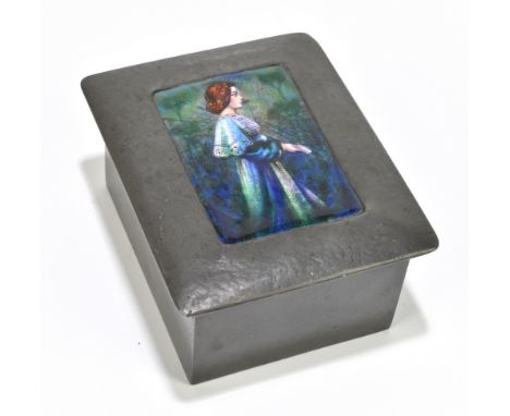 LIBERTY & CO; a pewter and enamelled trinket box, no.0586, the hinged lid set with rectangular plaque depicting a young woman