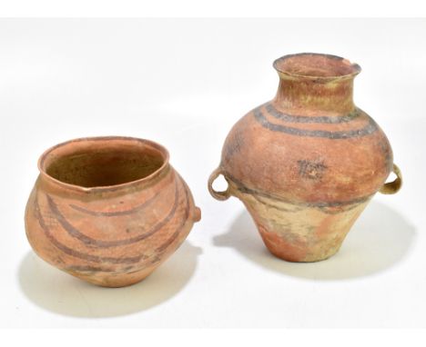 Two Chinese Neolithic period (circa 2nd Millennium BC) late Yangshao Culture buff red earthenware vessels, with painted detai