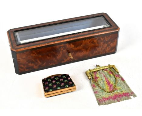 A late 19th century French amboyna trinket box with bevelled glass top, length 29cm, with an Art Deco gilt metal evening mesh