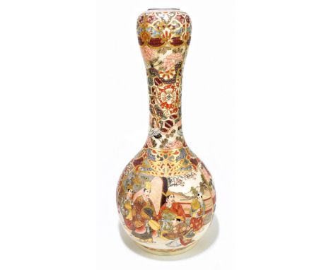 A Japanese Meiji period Satsuma garlic neck vase, decorated with figures in landscape settings and exotic birds, height 45cm.