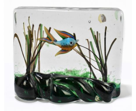 MURANO; a glass aquarium block encased with a single fish and reeds, remains of original label to body, 12x15cm.&nbsp;Additio