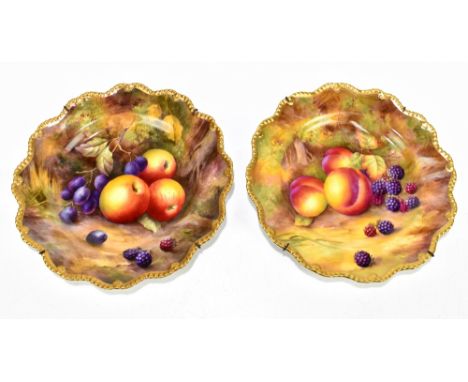 HORACE PRICE FOR ROYAL WORCESTER; a pair of hand painted cabinet plates with scalloped edges decorated with fruit, signed, pu