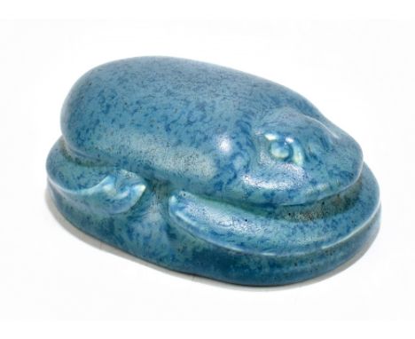 PILKINGTON ROYAL LANCASTRIAN; a scarab advertising paperweight in a powder blue glaze, length 9cm.Additional InformationGlaze