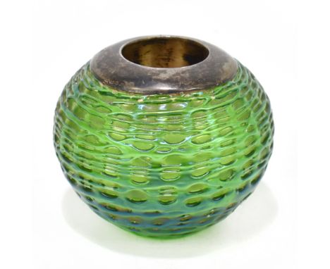 LOETZ; an Austrian iridescent glass match striker of bulbous form with trailed decoration and hallmarked silver mount, London