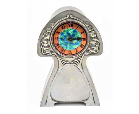 LIBERTY & CO; a pewter enamelled and copper Art Nouveau mantel clock, no.0385, produced 1902-1905, with Roman numerals to the