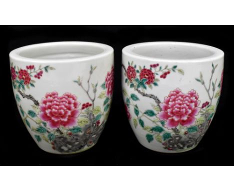 A pair of 19th century Chinese Famille Rose jardinières, decorated with butterflies and blossoming branches, painted ring mar