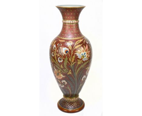 METTLACH; a large German stoneware vase with incised and relief floral decoration, impressed marks to the underside, height 6