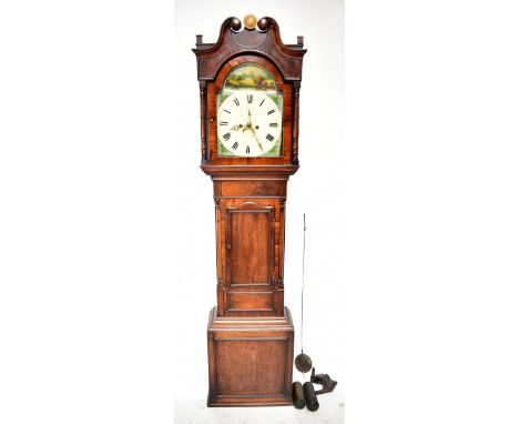 A 19th century mahogany eight day longcase clock, the arched painted white enamel dial with subsidiary seconds and date apert