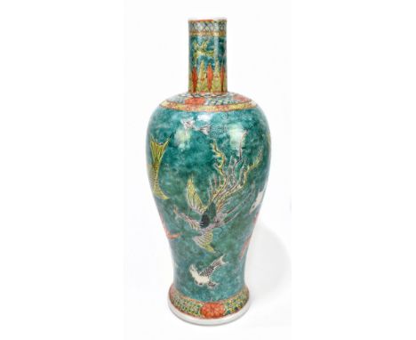 An early 20th century Chinese porcelain shouldered vase with cylindrical neck, decorated with fish and stylised four claw dra