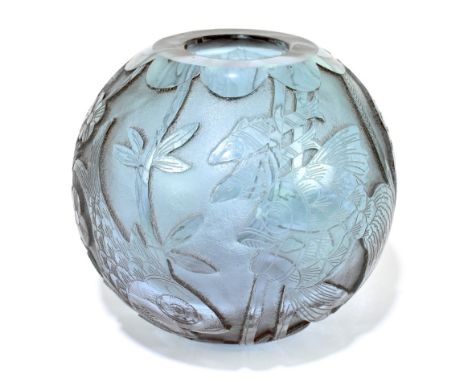 MOSER; an Art Glass ball vase with wheel cut incised decoration of aquarium scenes, with stylised fish, with a blue tint, etc