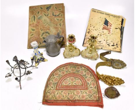 An assortment of collectors’ items including a tapestry folder decorated with birds floral sprays, the Sunday Times magazine 