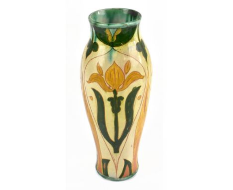 DELLA ROBBIA; a slender vase thrown by Charles Collins, and decorated with stylised flowers by Violet Woodhouse, incised mark