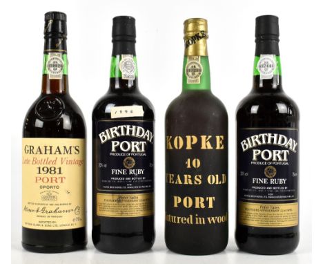 PORT; four bottles, including Birthday Port, Fine Ruby, 20%, 75cl, a single bottle of Kopke, 10 years old, and Graham's Late 