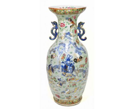 A large Chinese 19th century Canton Famille Rose enamel painted baluster vase with twin pierced handles, the main body decora